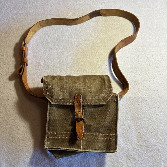 Vintage French Military Canvas Leather Strap Satchel Pouch Bag Khaki Brown